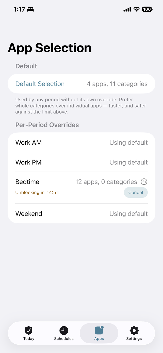 Nagomi's App Selection tab. A default selection of 4 apps and 11 categories is used by any period without its own override. Below it, Work AM, Work PM and Weekend are using the default, while Bedtime has its own list of 12 apps and shows a Strict Mode countdown, 'Unblocking in 14:51', with a Cancel button beside it.
